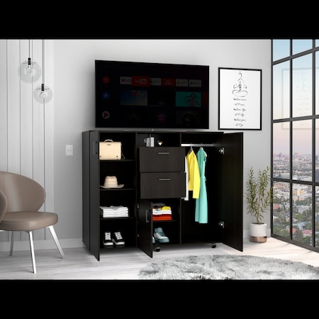 Tuhome Letna Double Door Cabinet Dresser, 2 Drawers, 4 Interior Shelves, 3 Cabinets With Door, Rod, Black CLW6470